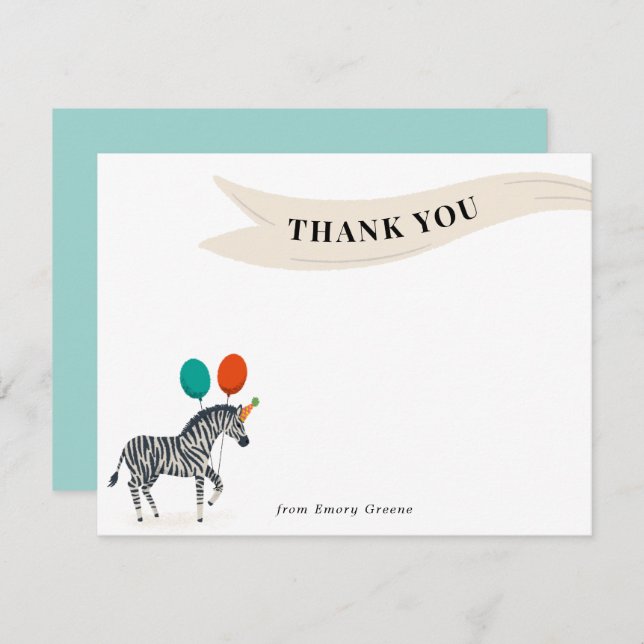 Birthday Party Animal Zebra Thank You Note (Front/Back)