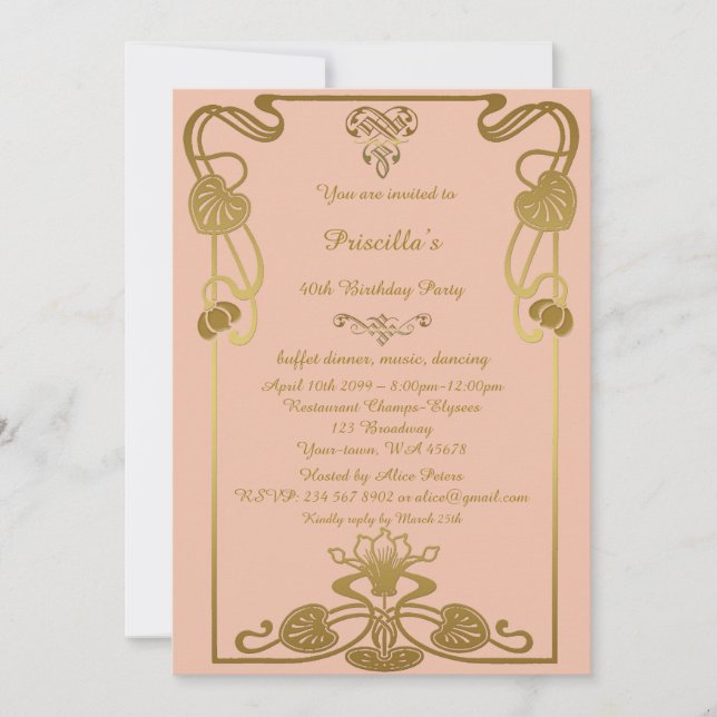 Birthday Party Any age, Gatsby style, peach & gold Invitation (Front)