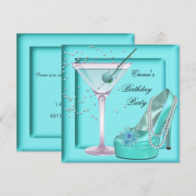 Birthday Party Aqua Teal Blue Turquoise Martini Invitation (Front/Back)