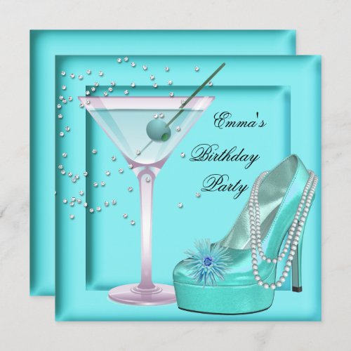 Birthday Party Aqua Teal Blue Turquoise Martini Invitation