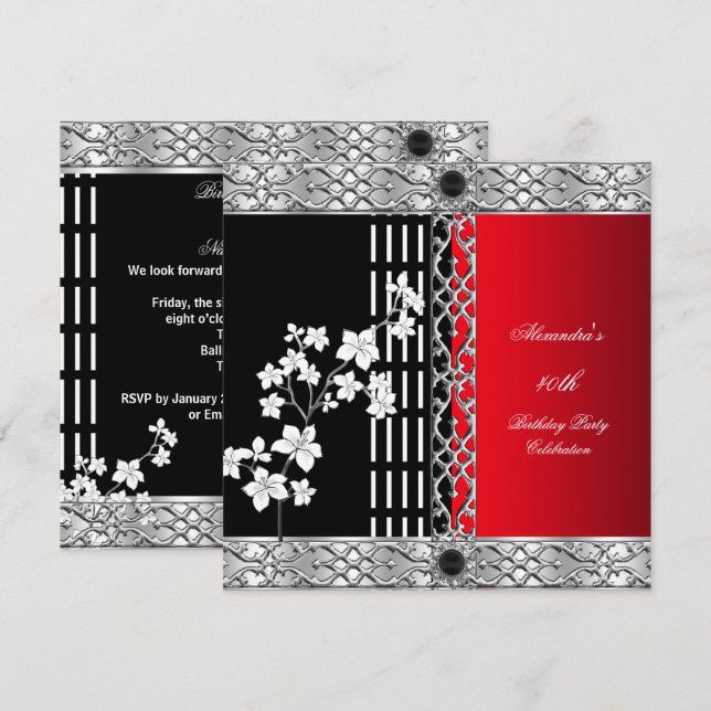 Birthday Party Asian Red Black Cherry Blossoms Invitation (Front/Back)