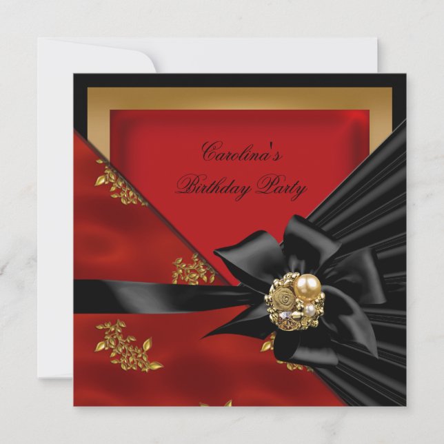 Birthday Party Asian Red Gold Black Bow Invitation (Front)