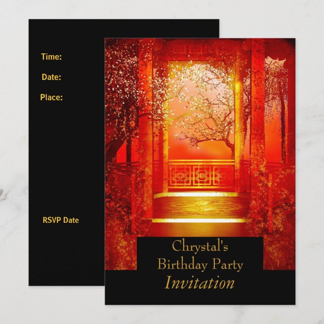 Birthday Party Asian Scene Red gold Invitation (Front/Back)