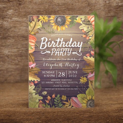 Birthday Party Autumn Maple Sunflower Pumpkin Wood Invitation