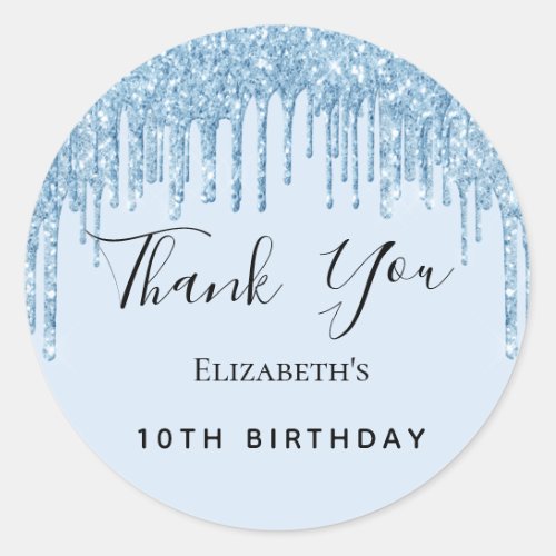 Birthday party baby blue glitter Thank You Classic Round Sticker