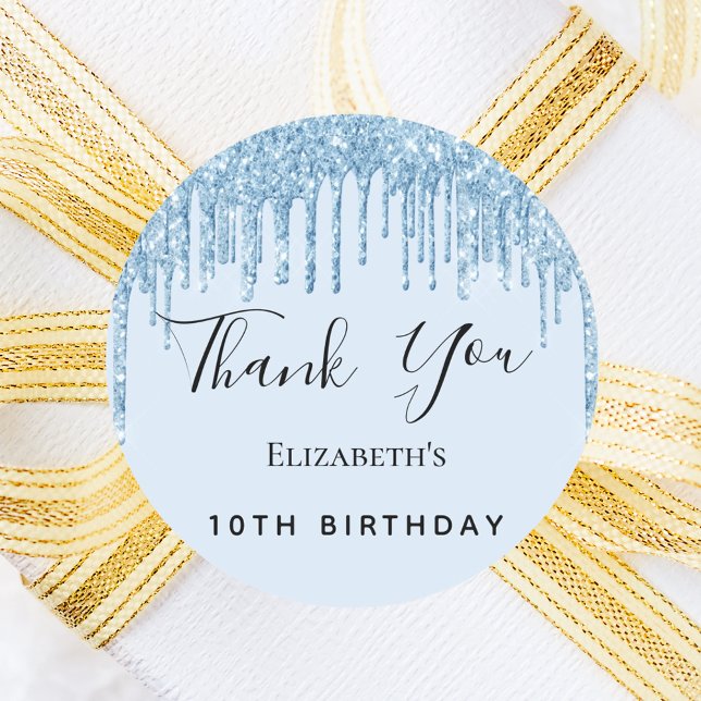 Birthday party baby blue glitter Thank You Classic Round Sticker (Creator Uploaded)