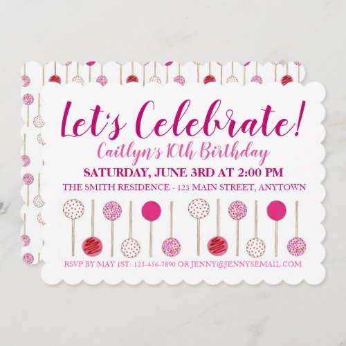 Birthday Party Baby Bridal Shower Pink Cake Pops Invitation