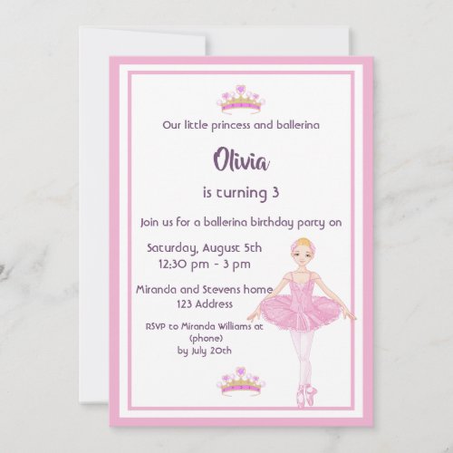 Birthday party ballerina princess pink invitation
