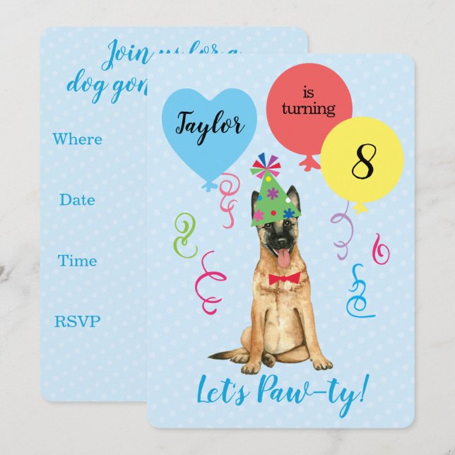Birthday Party Balloons Belgian Malinois Invitation (Front/Back)