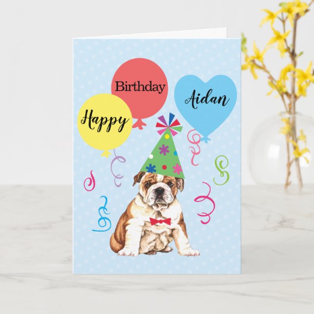 Birthday Party Balloons Bulldog Card (Yellow Flower)