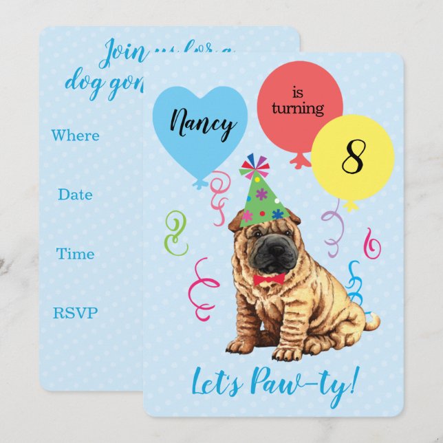 Birthday Party Balloons Chinese Shar-Pei Invitation (Front/Back)
