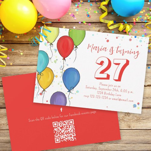 Birthday Party Balloons Confetti QR Code Facebook  Invitation
