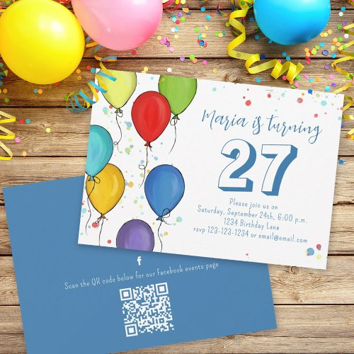 Birthday Party Balloons Confetti QR Code Facebook Invitation