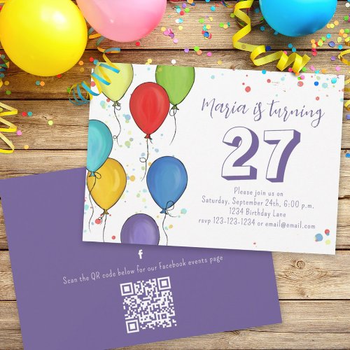 Birthday Party Balloons Confetti QR Code Facebook Invitation