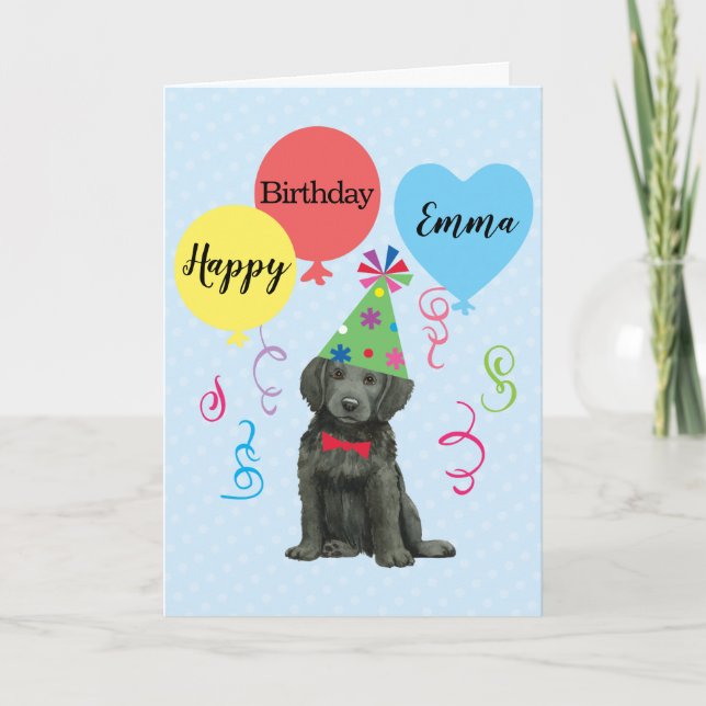 Birthday Party Balloons Flat-Coated Retriever Card (Front)