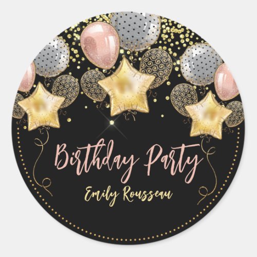 Birthday Party Balloons Gold Glitter Balloon Black Classic Round Sticker