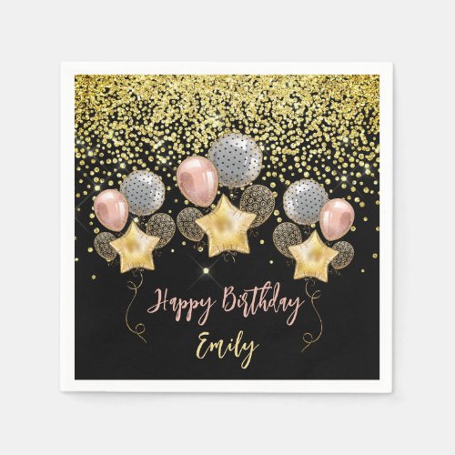 Birthday Party Balloons Gold Glitter Balloon Black Napkins