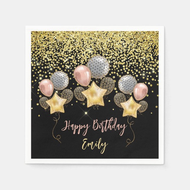 Birthday Party Balloons Gold Glitter Balloon Black Napkins (Front)