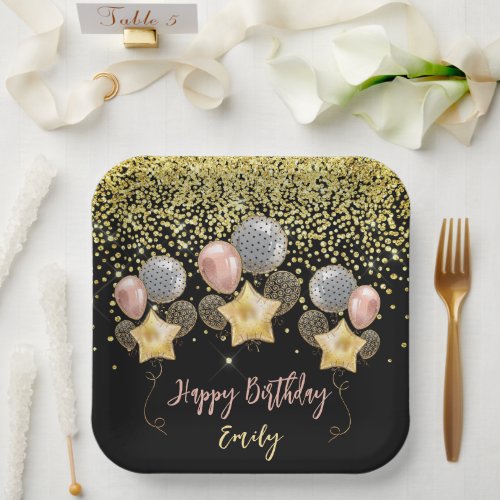 Birthday Party Balloons Gold Glitter Balloon Black Paper Plates