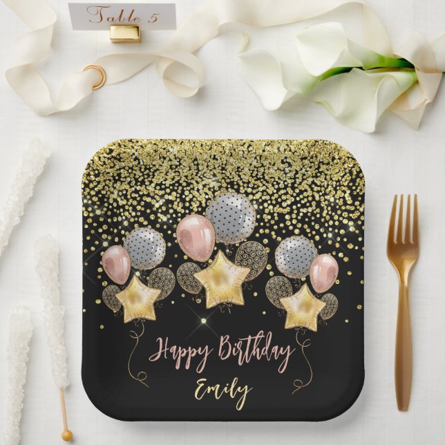Birthday Party Balloons Gold Glitter Balloon Black Paper Plates (Wedding)