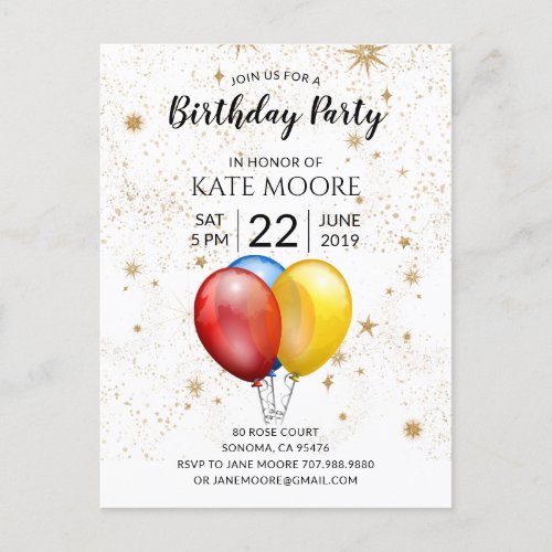 Birthday Party Balloons Gold Star Confetti Announcement Postcard