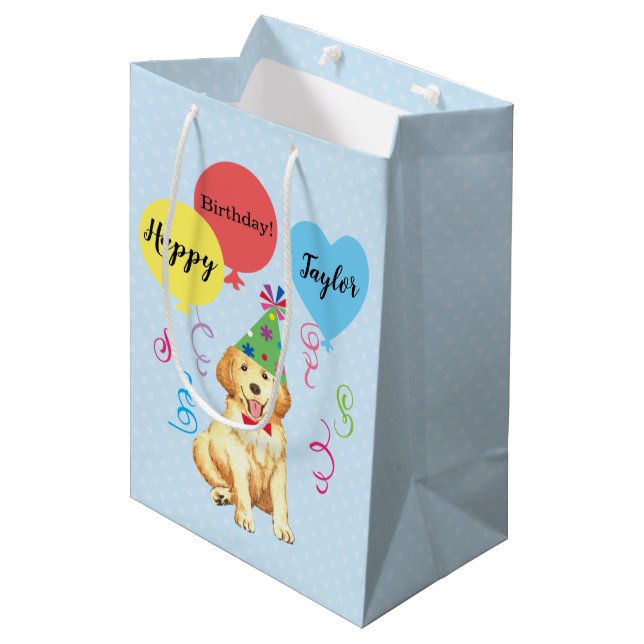 Birthday Party Balloons Golden Retriever Medium Gift Bag (Front Angled)