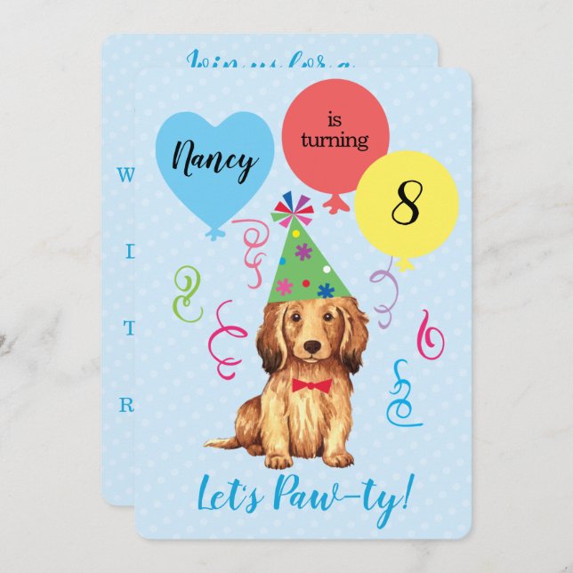 Birthday Party Balloons Longhaired Dachshund Invitation (Front/Back)