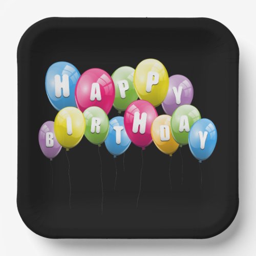 Birthday Party Balloons On Black Paper Plates