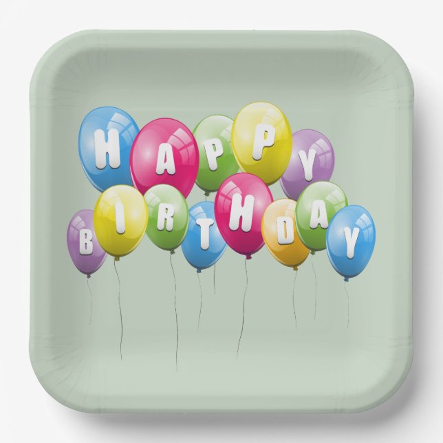 Birthday Party Balloons On Sage Green Paper Plates (Front)