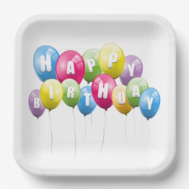 Birthday Party Balloons On White Paper Plates (Front)