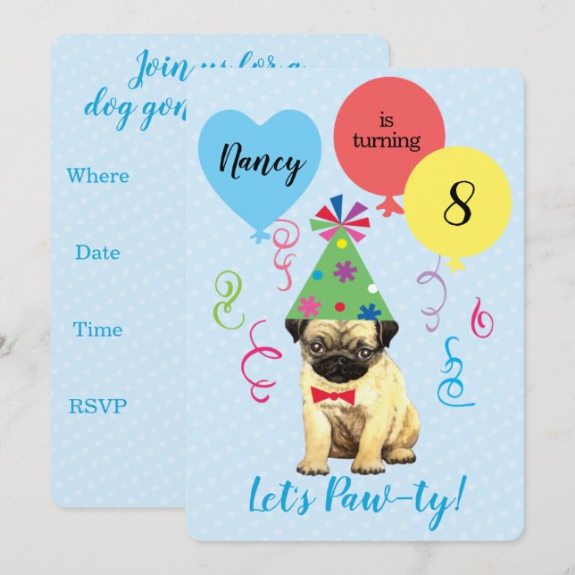 Birthday Party Balloons Pug Invitation (Front/Back)