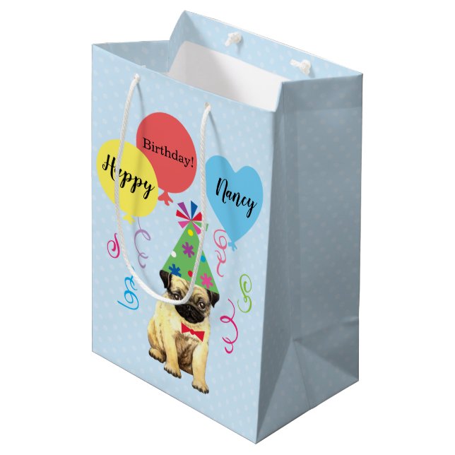 Birthday Party Balloons Pug Medium Gift Bag (Front Angled)