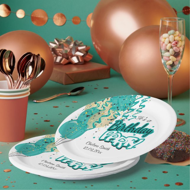 Birthday Party Balloons - Teal  Paper Plates (Multi)