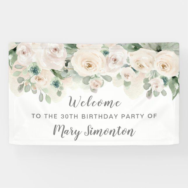 Birthday Party Banner 30th White Rose Floral  (Horizontal)