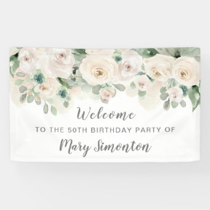 Birthday Party Banner 50th White Rose Floral