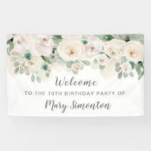 Birthday Party Banner 70th White Rose Floral 
