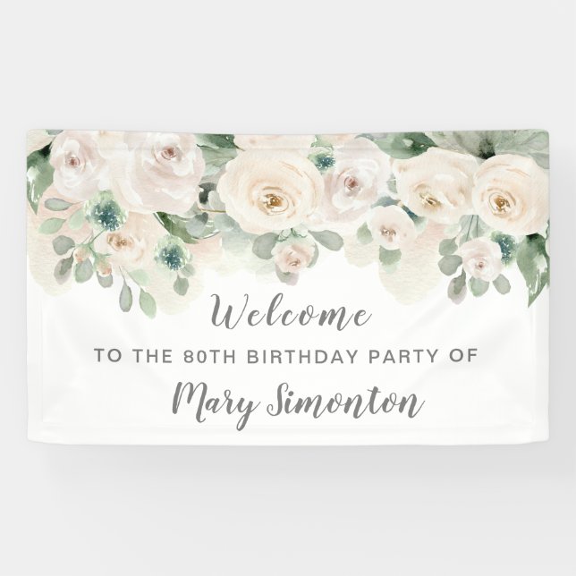 Birthday Party Banner 80th White Rose Floral  (Horizontal)