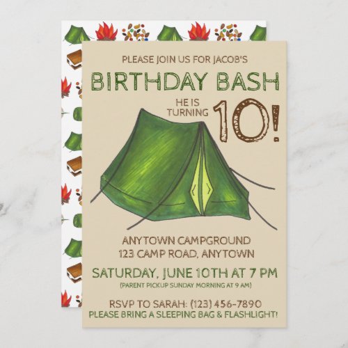 Birthday Party Bash Camp Tent Sleepover Camping Invitation