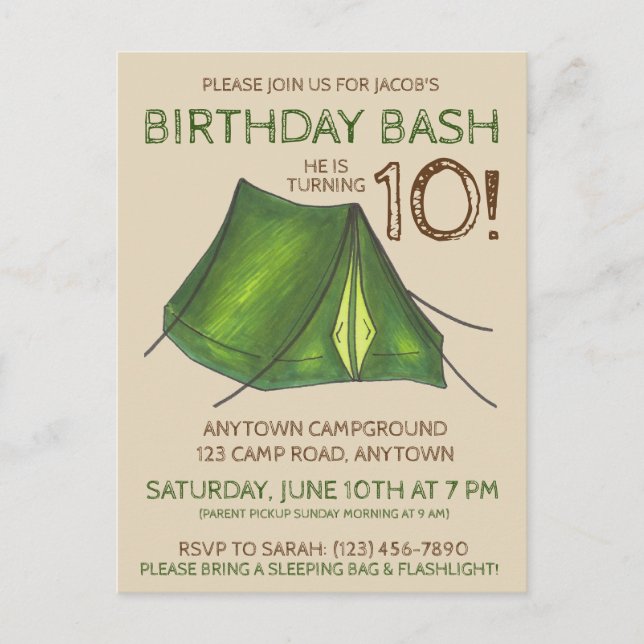 Birthday Party Bash Camp Tent Sleepover Camping Invitation Postcard (Front)