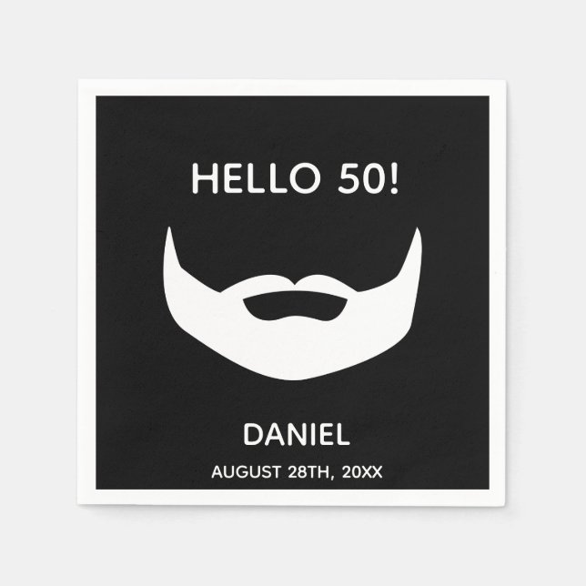 Birthday party beard black white men monogram napkins (Front)