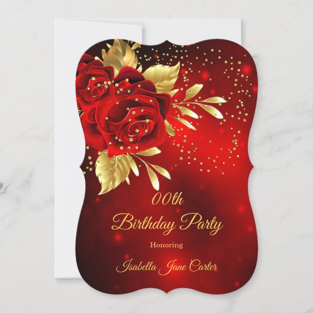 Birthday Party Beautiful Red Rose Floral Gold Invitation (Front)
