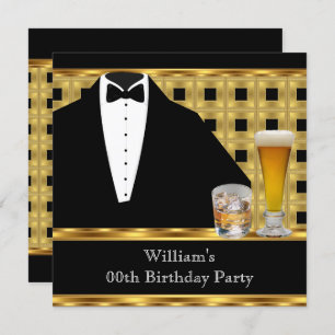 Birthday Party Beer Scotch Tuxedo Gold Black 2 Invitation