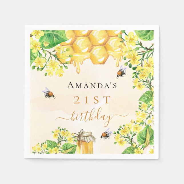 Birthday party bees honey yellow florals summer napkins (Front)