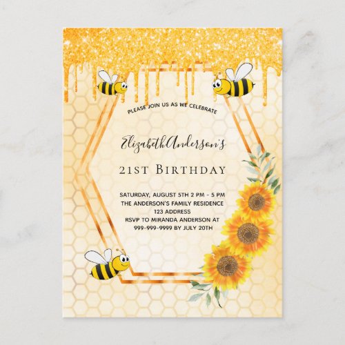 Birthday party bees sunflower glitter invitation postcard