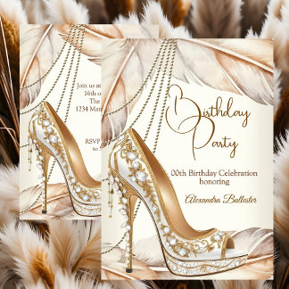 Birthday Party Beige Cream Gold Heel Stiletto Shoe Invitation