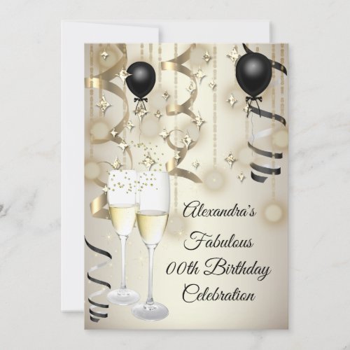 Birthday party beige Gold black Balloon champagne Invitation