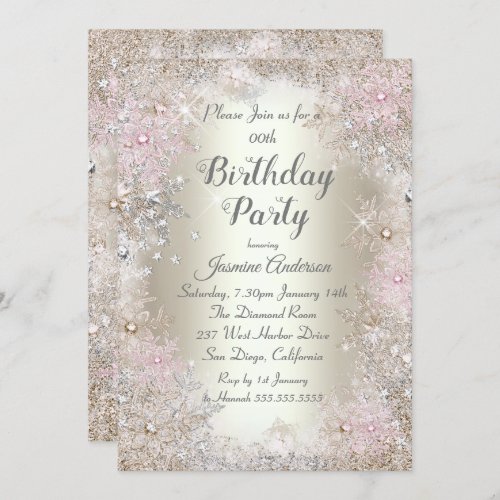 Birthday Party Beige gold Pink Winter Wonderland Invitation
