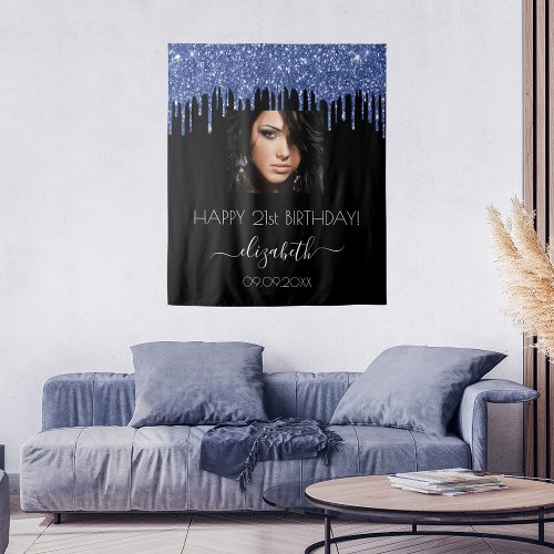 Birthday party black blue glitter drips photo tapestry