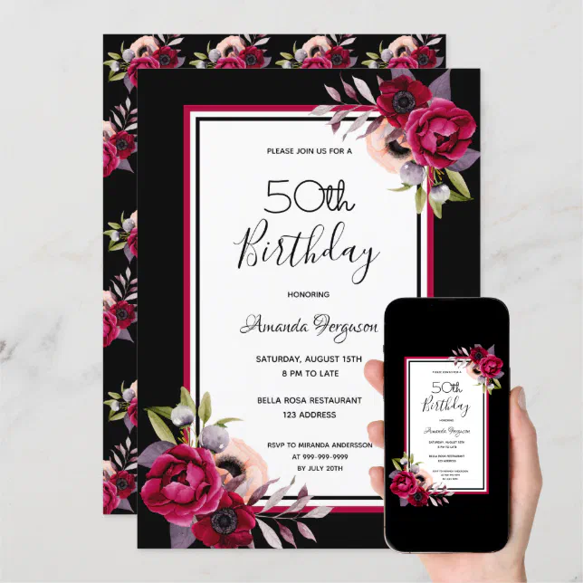 Birthday party black burgundy white florals invitation | Zazzle