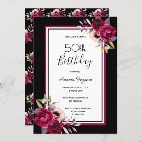 Birthday party black burgundy white florals invitation